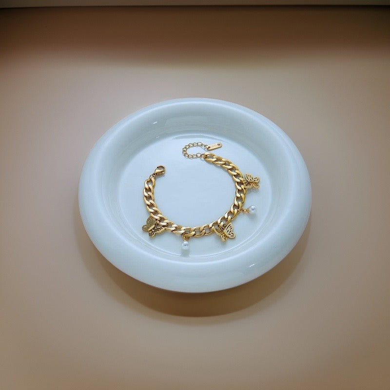 Circe Butterfly & Pearl Charm Bracelet / 18K Gold Plated - Nina Kane Jewellery
