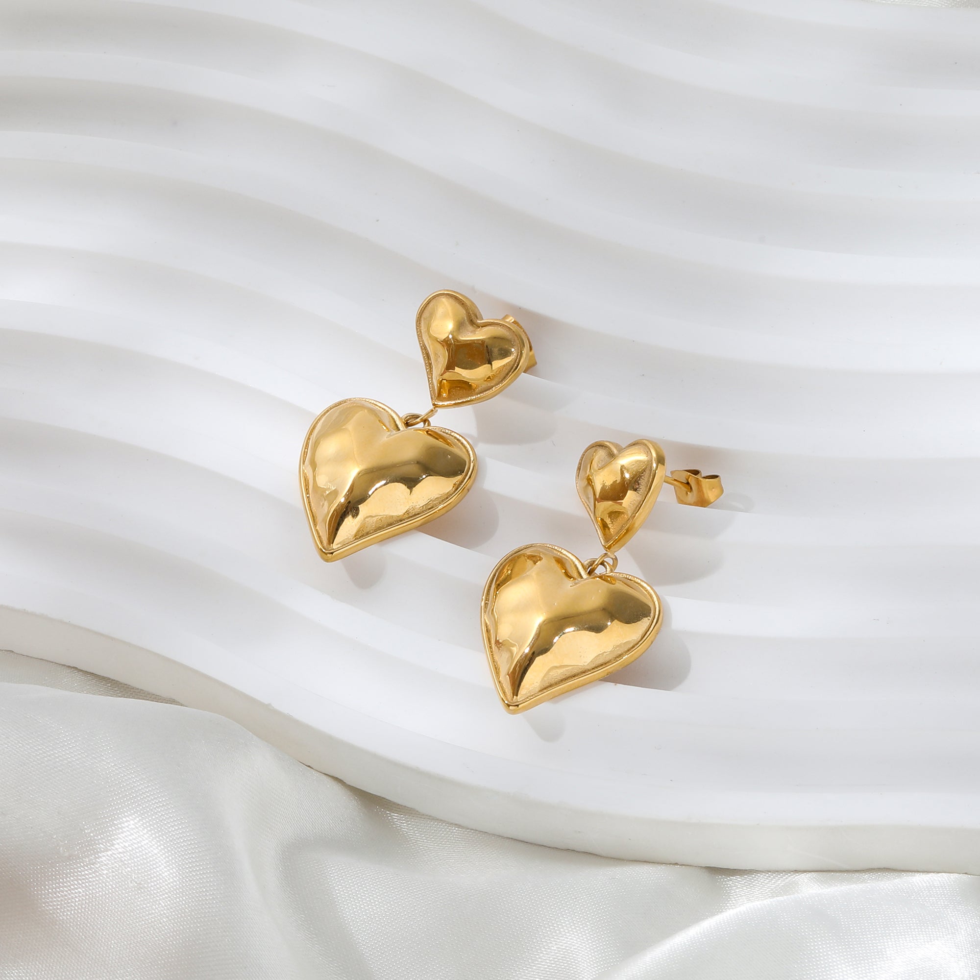 Double Heart Statement Earrings / 18K Gold Plated