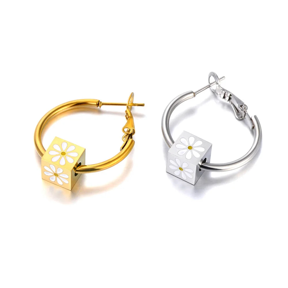 Daisy Cube Hoop Earrings / 18K Gold Plated - Nina Kane Jewellery