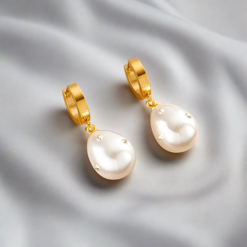 Ariel Oversize Pearl Huggie Earrings / Stainless Steel - Nina Kane Jewellery