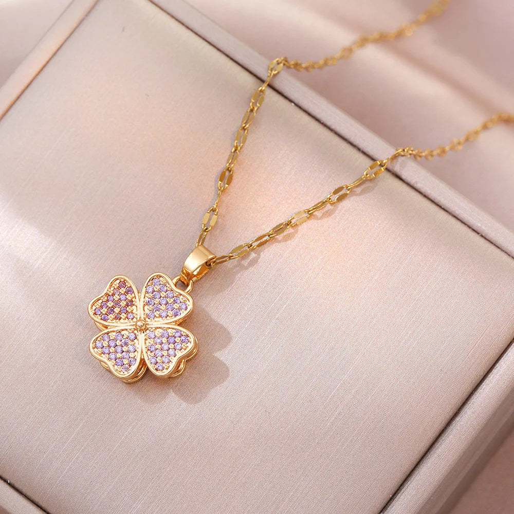 Astra Spinning Clover Necklace / Stainless Steel - Nina Kane Jewellery