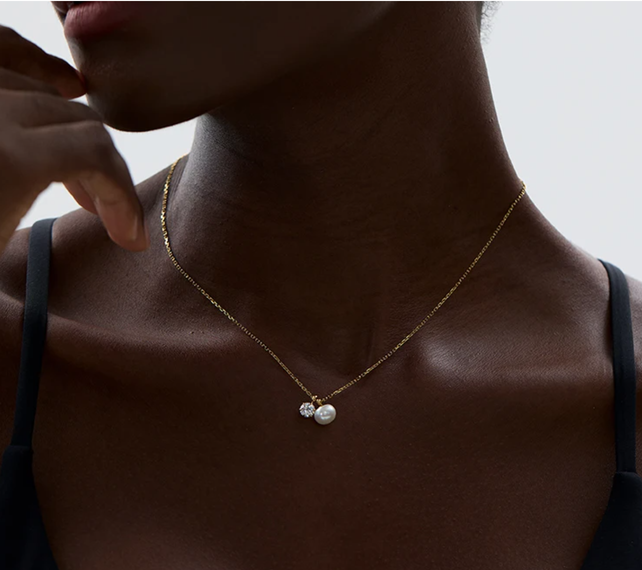 Leandra Pearl and Diamond Necklace / 18K Gold Plated - Nina Kane Jewellery