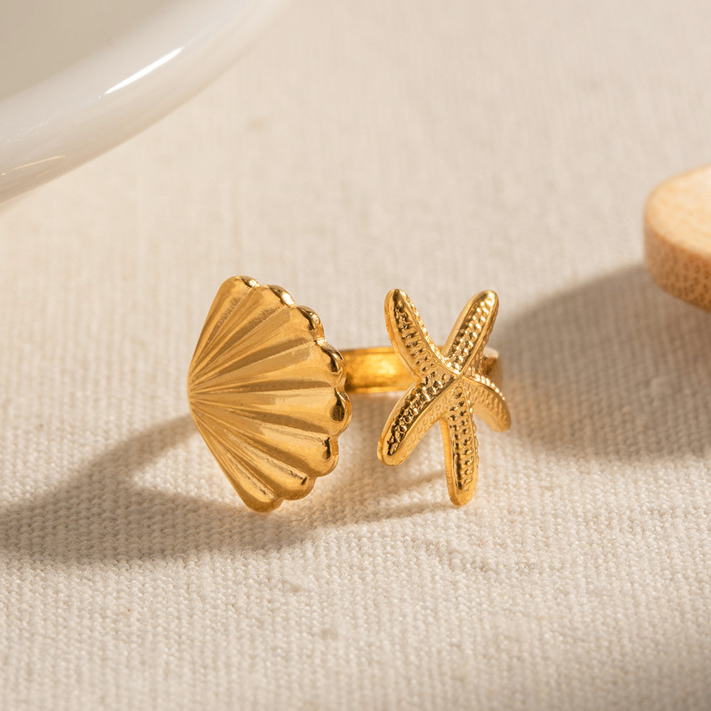 Seaside Starfish & Shell Ring / 18K Gold Plated