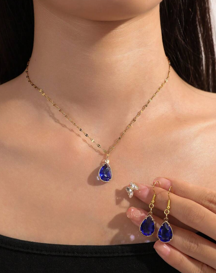 Beverly Blue Waterdrop Set / Stainless steel - Nina Kane Jewellery