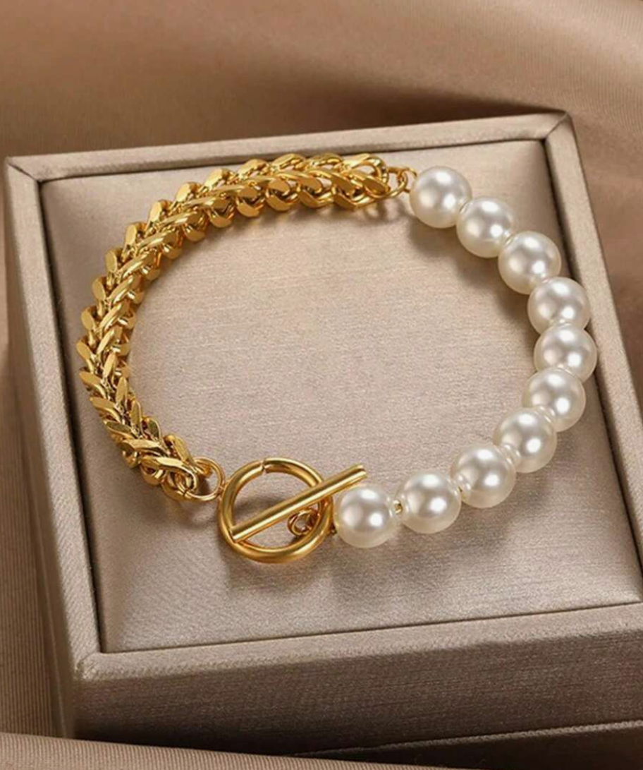 Sadie Pearl & Chain Bracelets / Stainless Steel - Nina Kane Jewellery