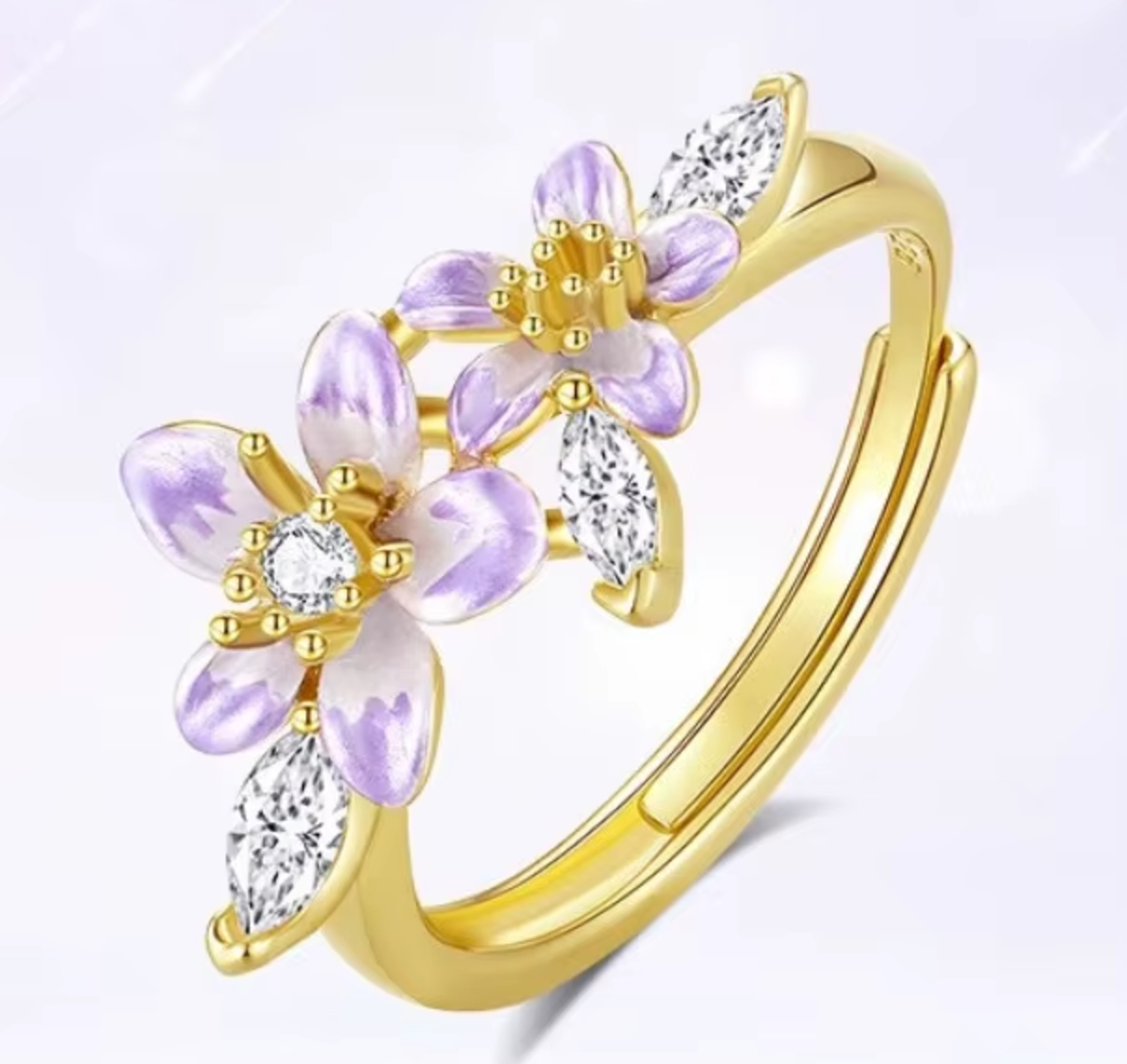Meera Purple Crystal Flower Ring / 925 Sterling Silver - Nina Kane Jewellery