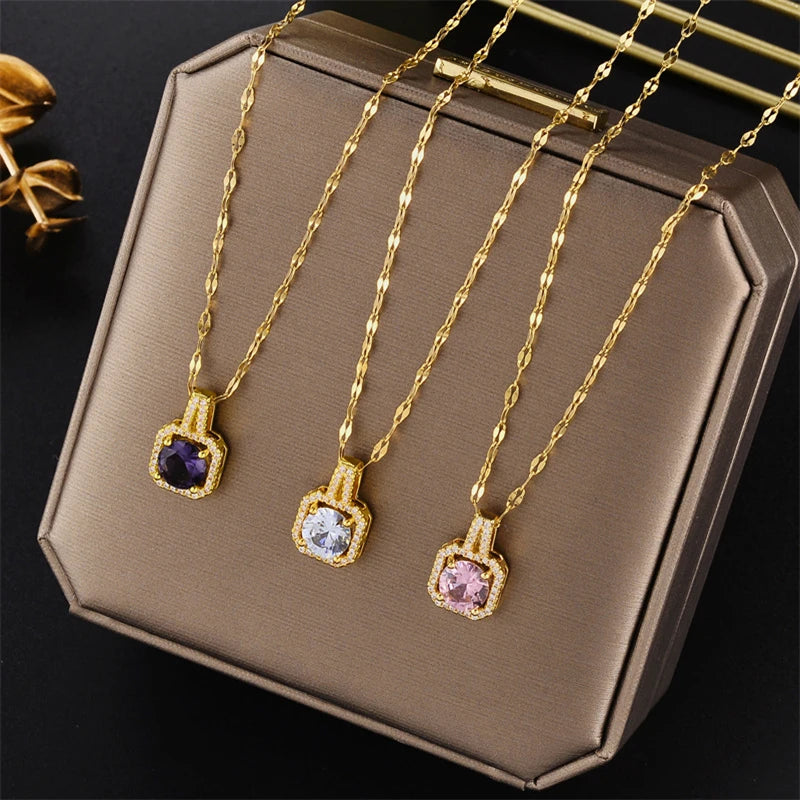 Quinn Square Crystal Pendants / Stainless Steel - Nina Kane Jewellery