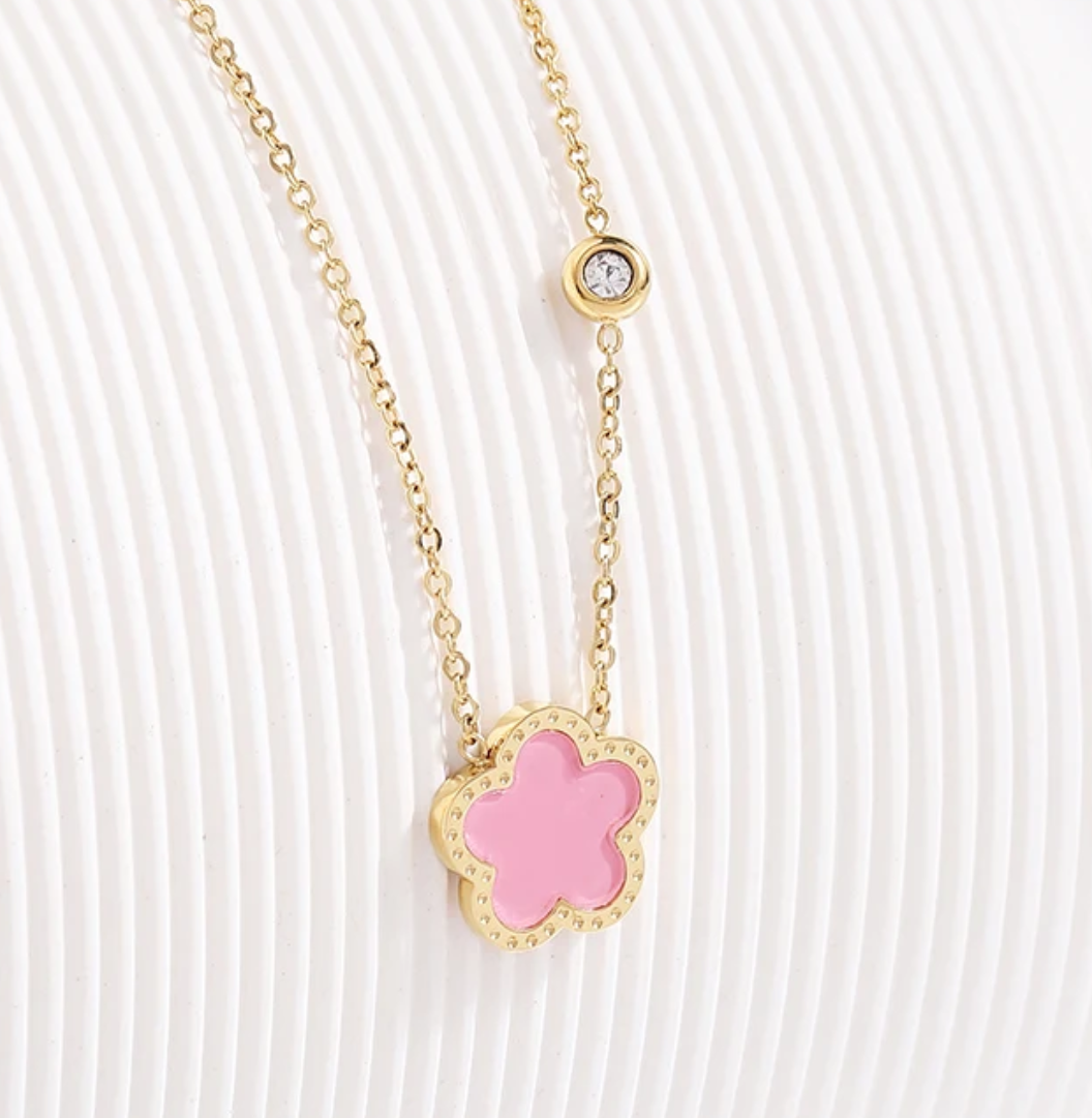 Roweena Pink Clover Necklace / Stainless Steel - Nina Kane Jewellery