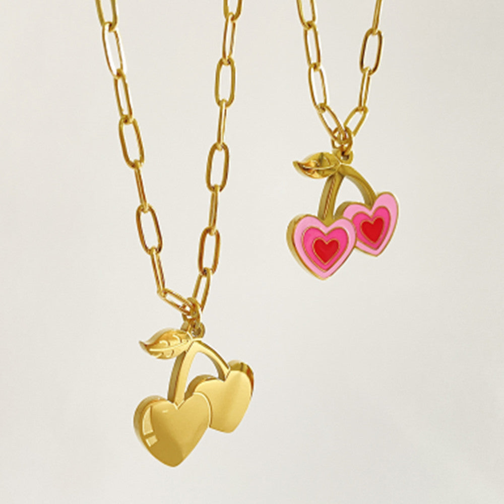 Sweet Cherry Heart Necklace / 18K Gold Plated