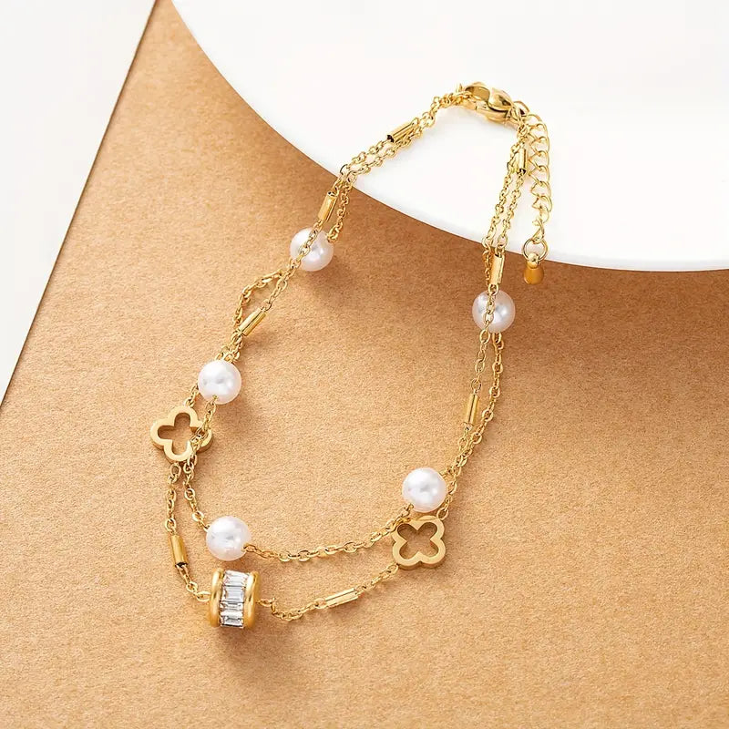 Florence Clover & Pearl Bracelet / Titanium Steel