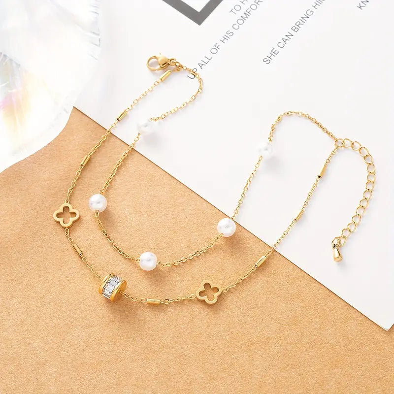 Florence Clover & Pearl Bracelet / Titanium Steel