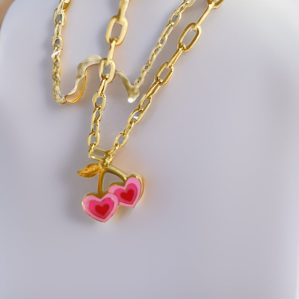 Pink Sweet Cherry Heart Necklace / 18K Gold Plated - Nina Kane Jewellery