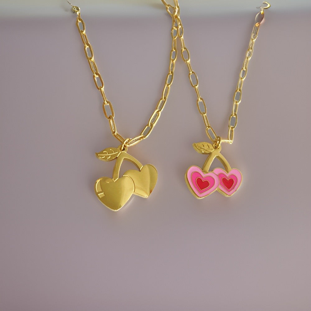 Pink Sweet Cherry Heart Necklace / 18K Gold Plated - Nina Kane Jewellery
