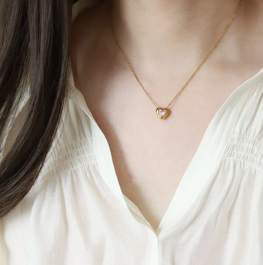 Valentina Pink Heart Necklace / 18K Gold Plated - Nina Kane Jewellery