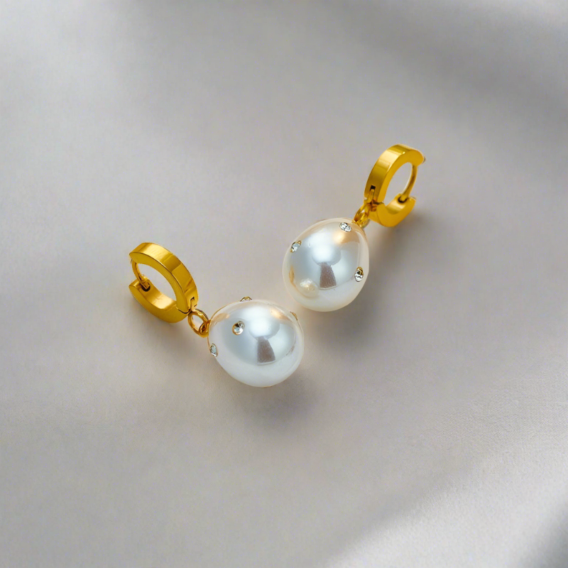 Ariel Oversize Pearl Huggie Earrings / Stainless Steel - Nina Kane Jewellery