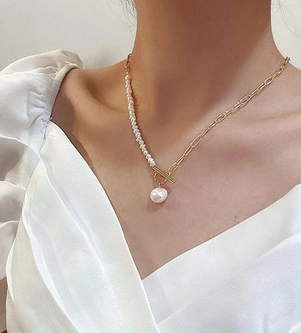 Hunter Chain & Pearl Necklace / Stainless Steel - Nina Kane Jewellery