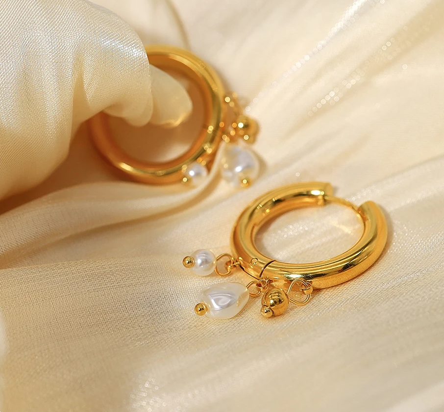 Verde Pearl Gold Hoops / 18K Gold Plated - Nina Kane Jewellery