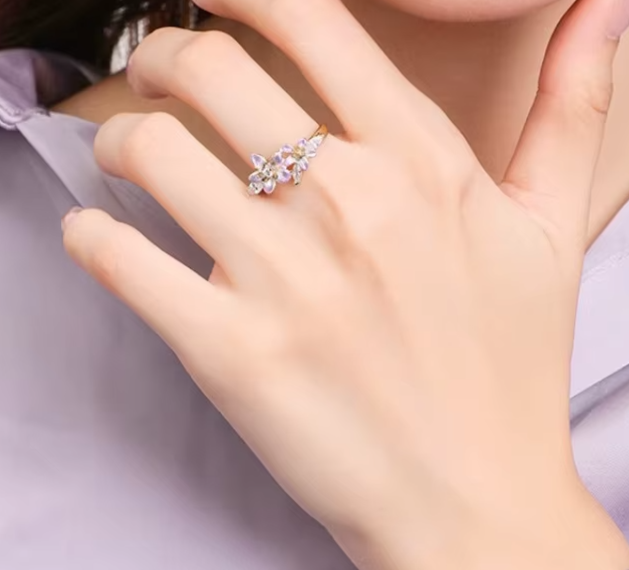 Meera Purple Crystal Flower Ring / 925 Sterling Silver - Nina Kane Jewellery