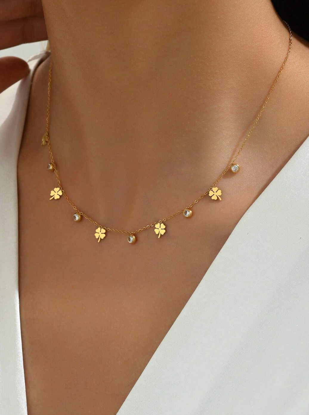 Alicia Clover & Zircon Necklace / 18K Gold Plated - Nina Kane Jewellery
