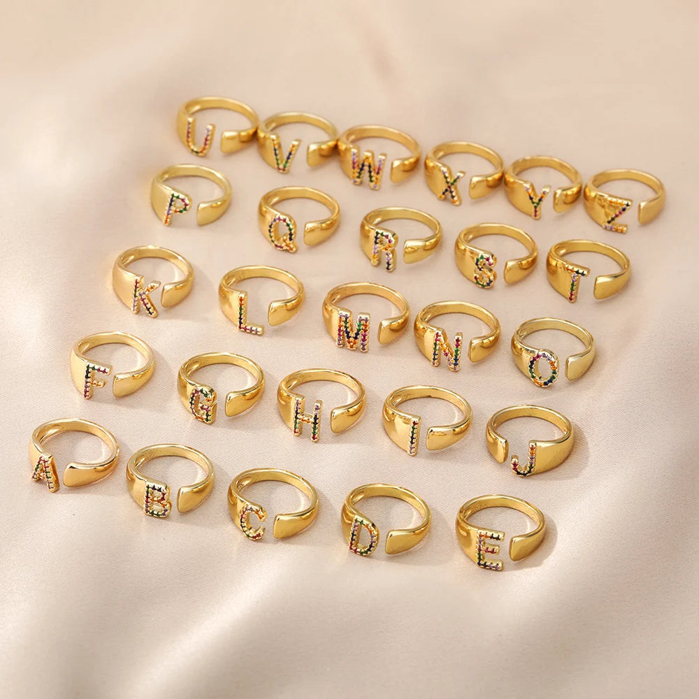 Rainbow Letter Innitial Rings / 18K Gold Plated - Nina Kane Jewellery