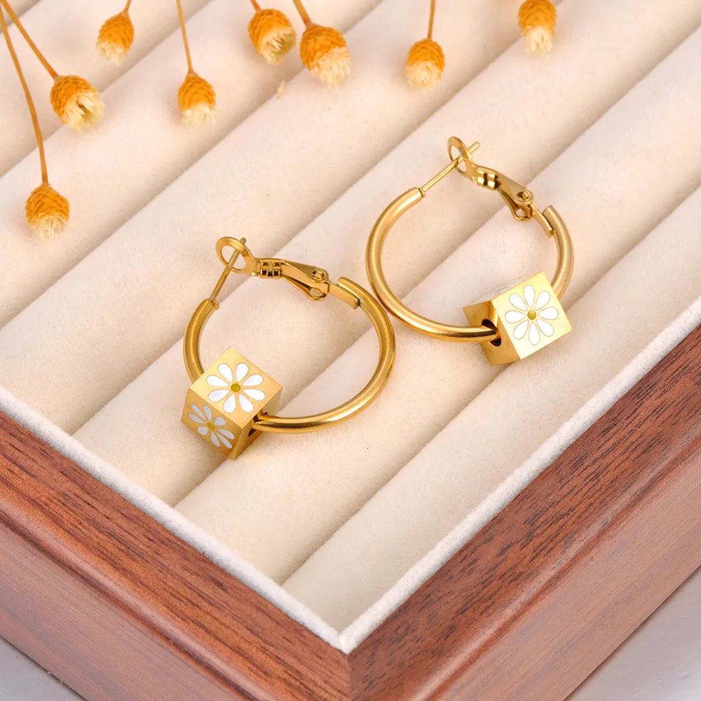 Daisy Cube Hoop Earrings / 18K Gold Plated - Nina Kane Jewellery