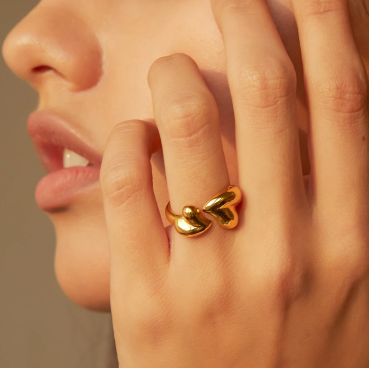 Ella Double Hearts Ring / 18K Gold Plated - Nina Kane Jewellery