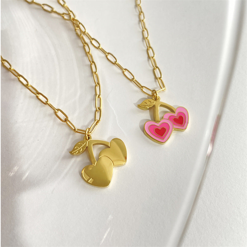 Sweet Cherry Heart Necklace / 18K Gold Plated