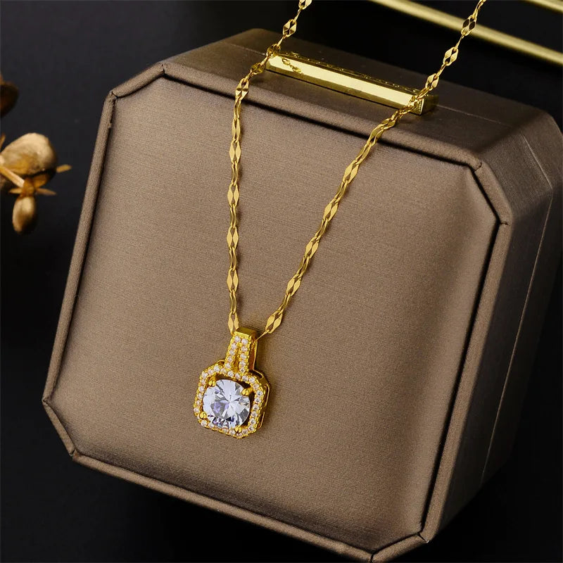 Quinn Square Crystal Pendants / Stainless Steel - Nina Kane Jewellery