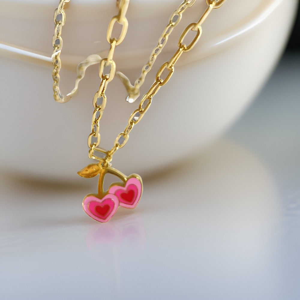 Pink Sweet Cherry Heart Necklace / 18K Gold Plated - Nina Kane Jewellery
