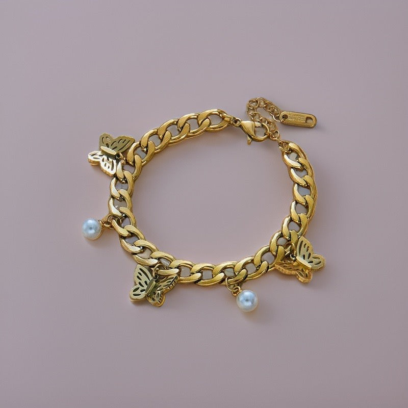 Circe Butterfly & Pearl Charm Bracelet / 18K Gold Plated - Nina Kane Jewellery