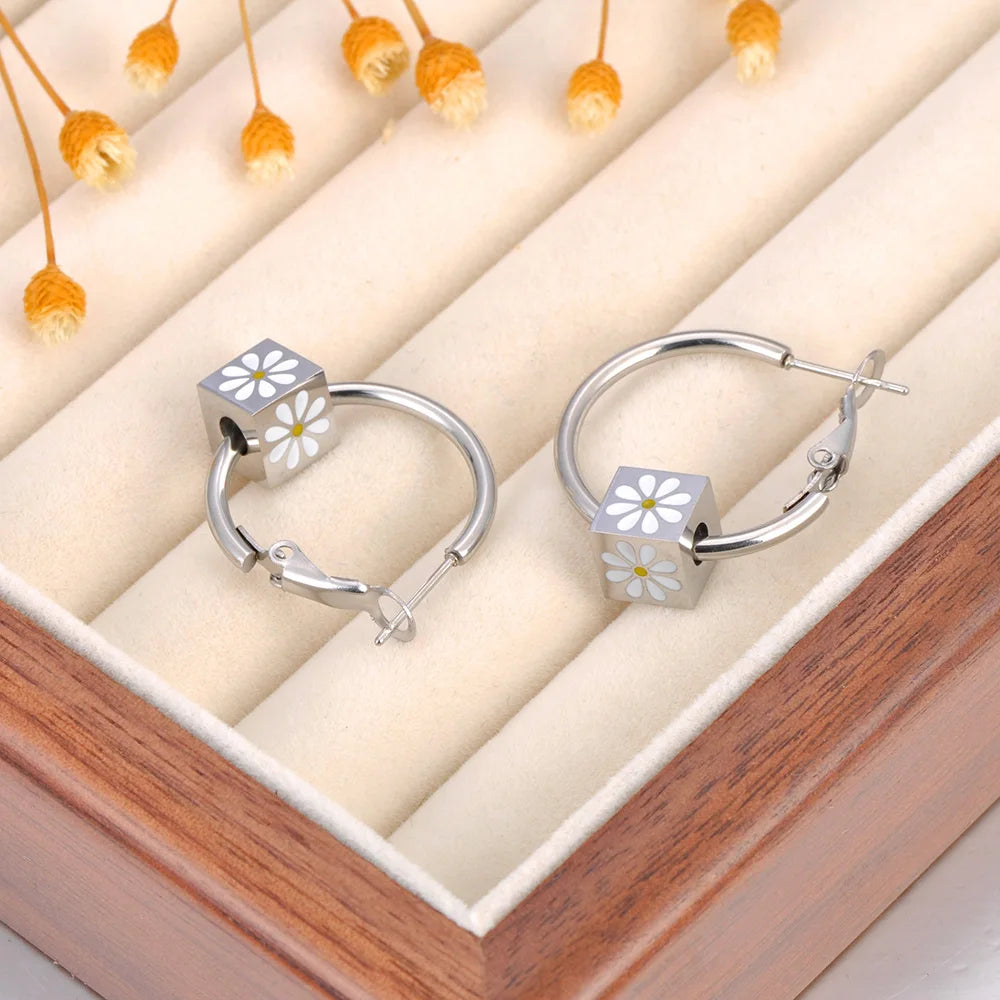 Daisy Cube Hoop Earrings / 18K Gold Plated - Nina Kane Jewellery