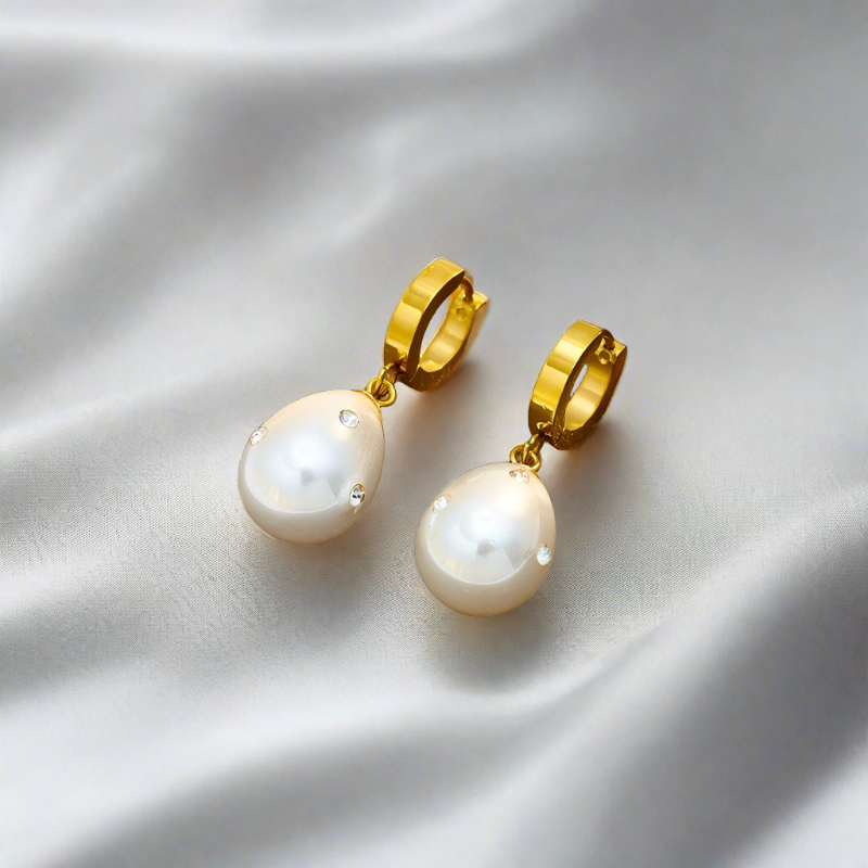 Ariel Oversize Pearl Huggie Earrings / Stainless Steel - Nina Kane Jewellery