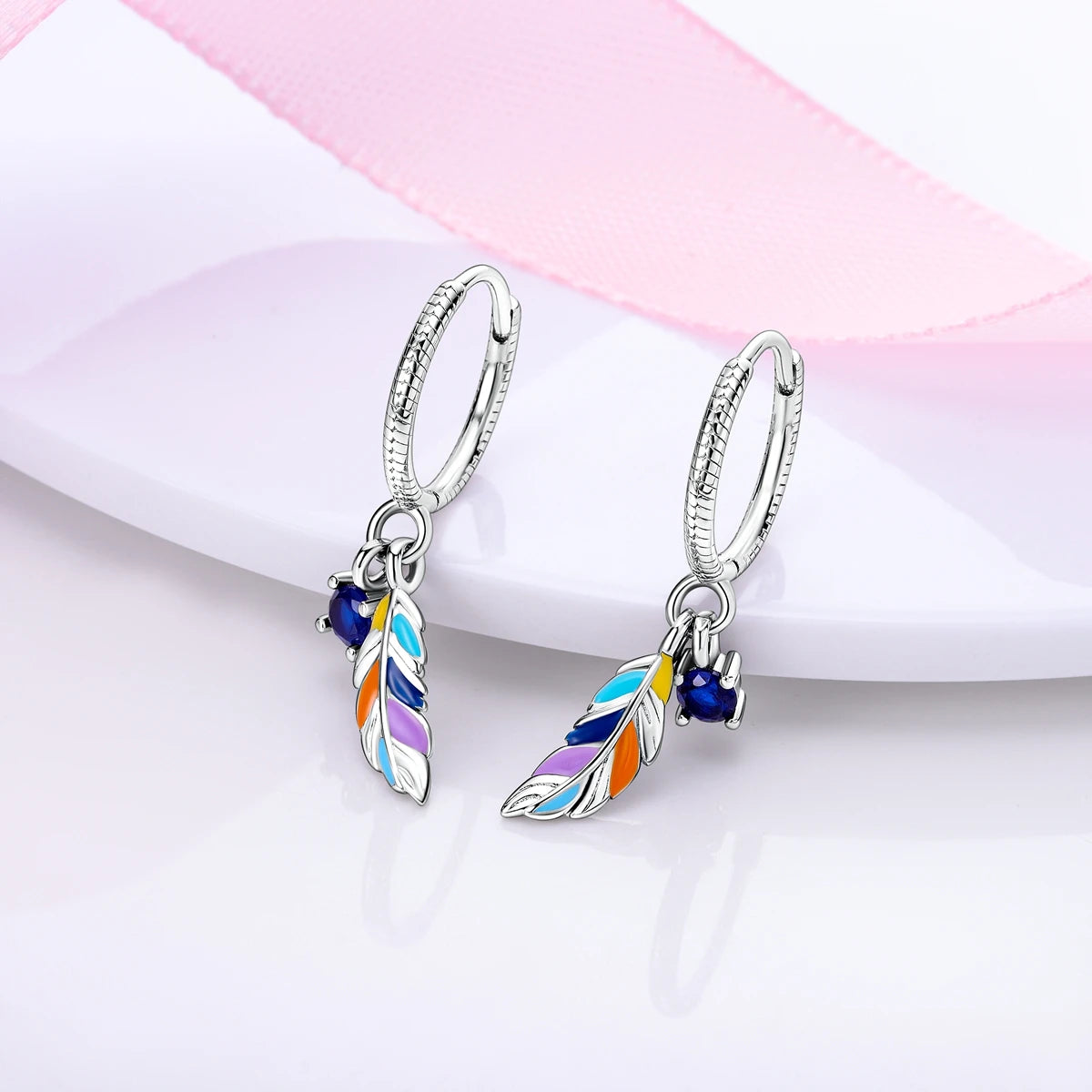 Elsa Enamel Feather Hoops /9 25 Sterling Silver - Nina Kane Jewellery