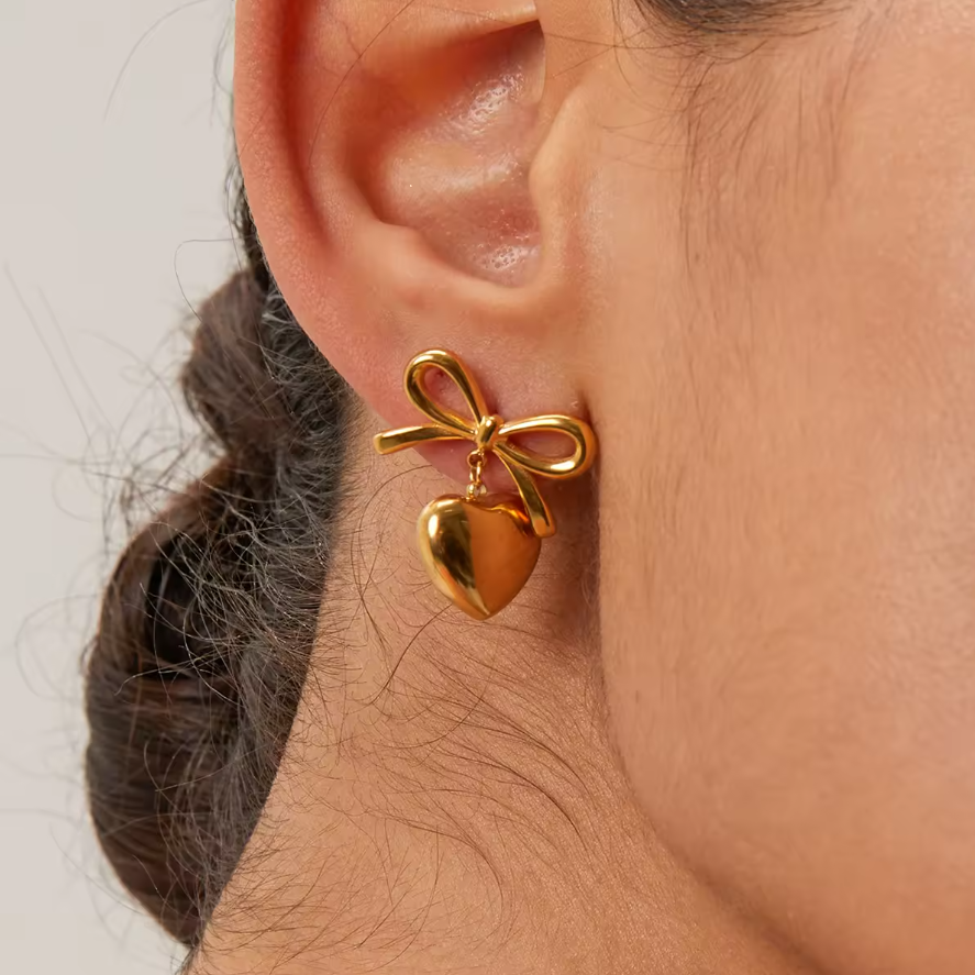 Keres Bow & Heart Earrings / 18K Gold Plated - Nina Kane Jewellery