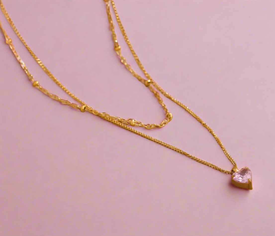 Roma Layered Pink Heart Necklace / 18K Gold Plated - Nina Kane Jewellery