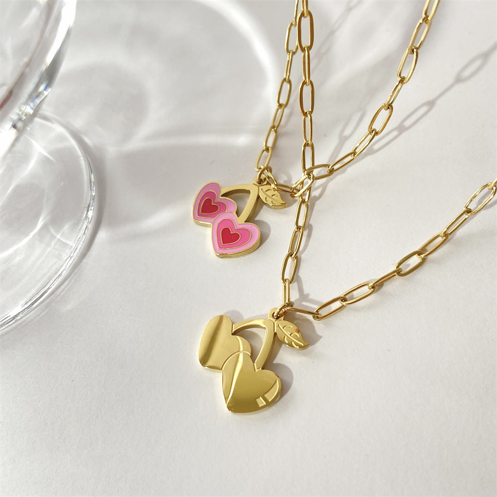 Sweet Cherry Heart Necklace / 18K Gold Plated