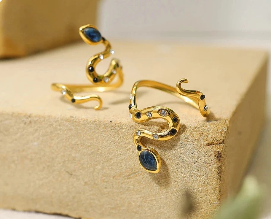 Coby Blue Stone Snake Ring / 18K Gold Plated - Nina Kane Jewellery