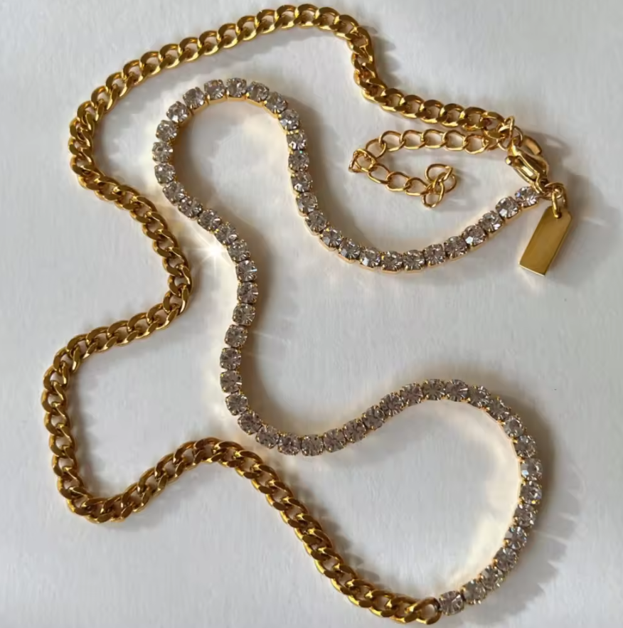 Xena Spliced Cuban & Zircon Neckace / 18K Gold Plated - Nina Kane Jewellery