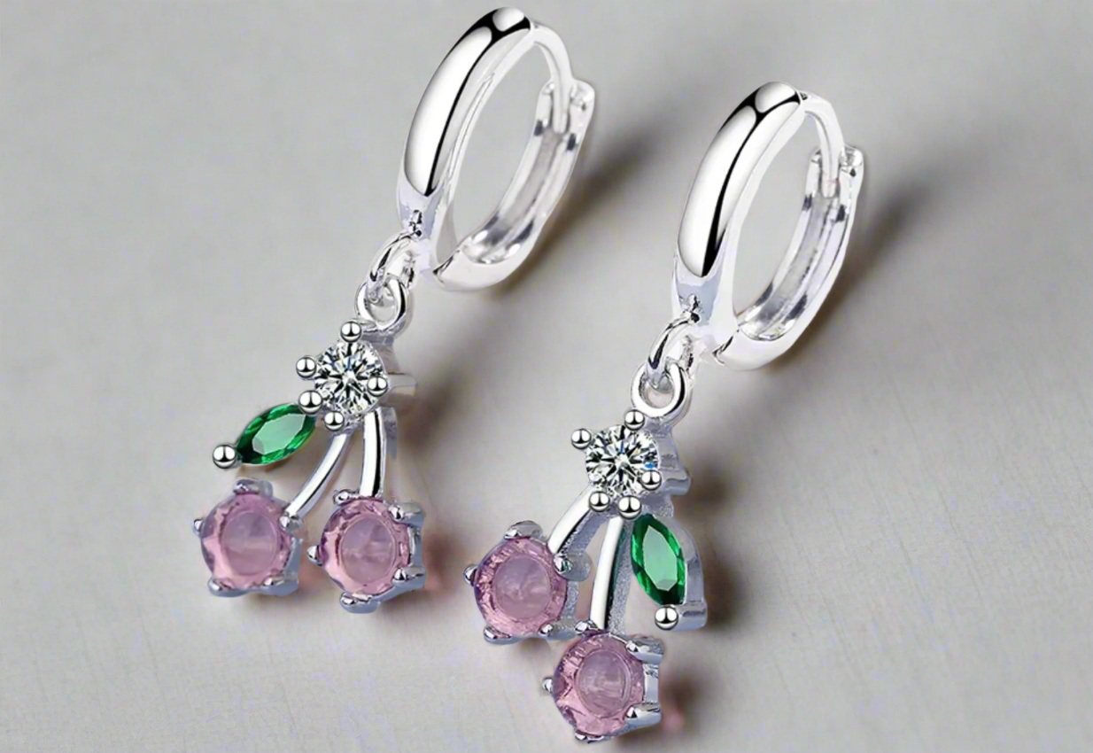 Cherry Drop Huggie Earrings / 925 Sterling Silver - Nina Kane Jewellery