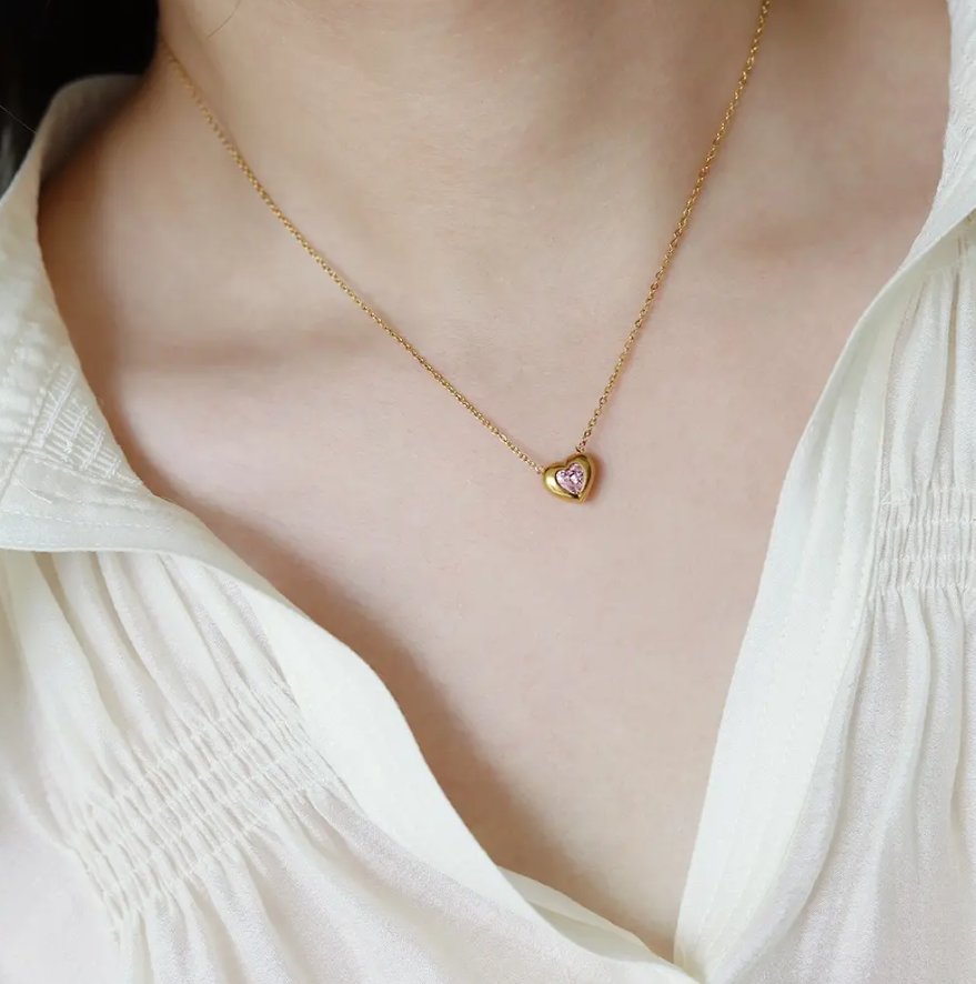 Valentina Pink Heart Necklace / 18K Gold Plated - Nina Kane Jewellery