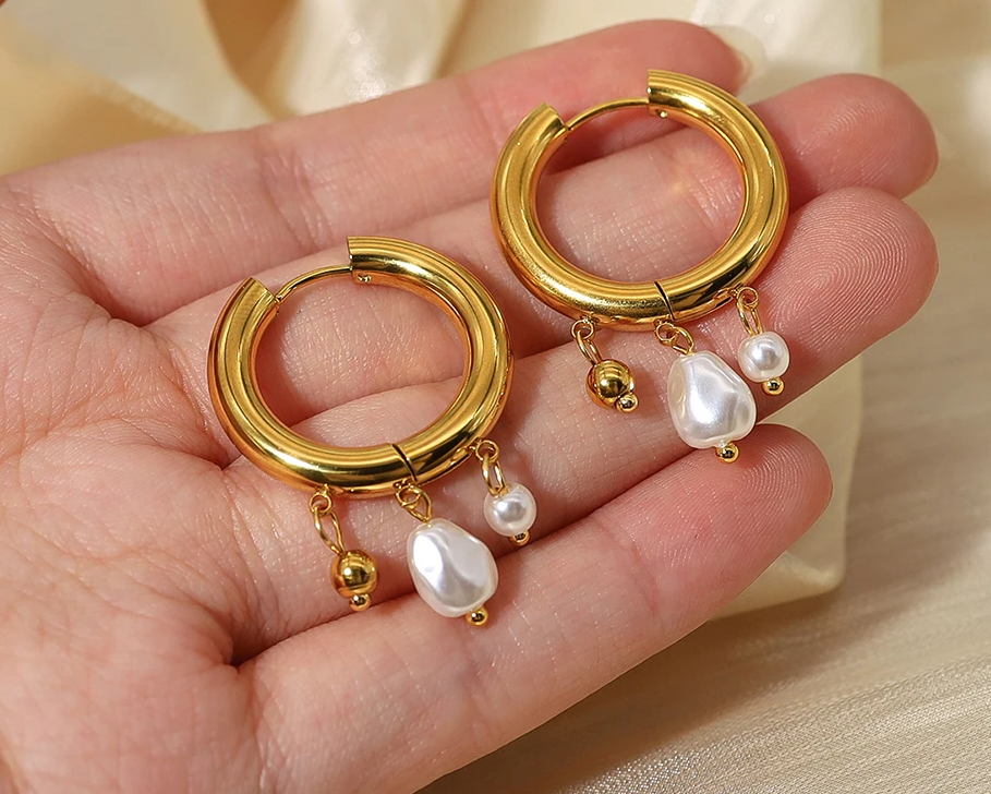 Verde Pearl Gold Hoops / 18K Gold Plated - Nina Kane Jewellery