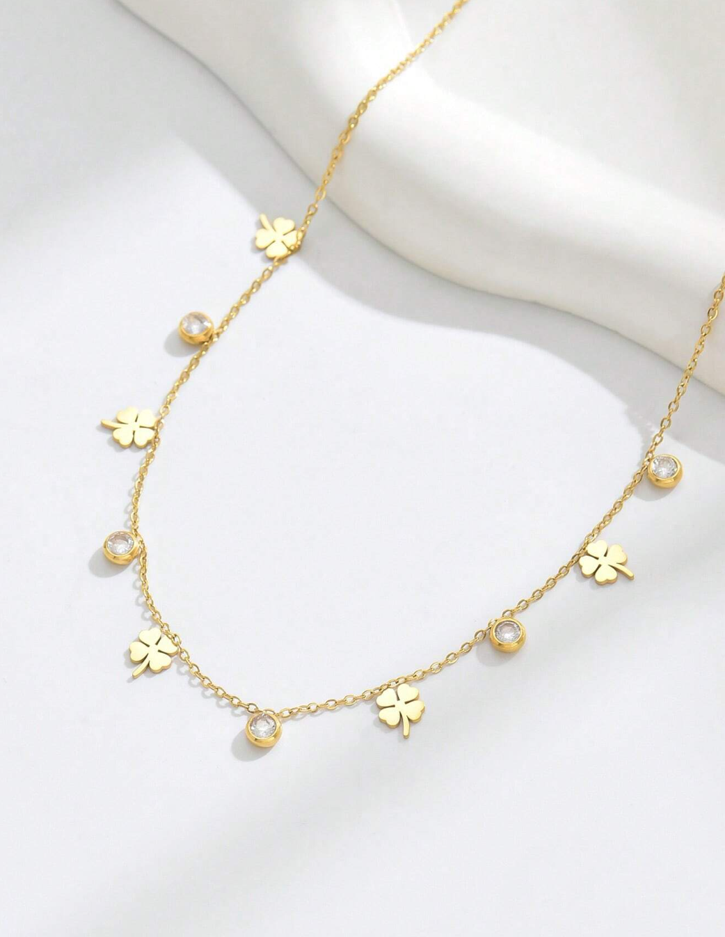 Alicia Clover & Zircon Necklace / 18K Gold Plated - Nina Kane Jewellery