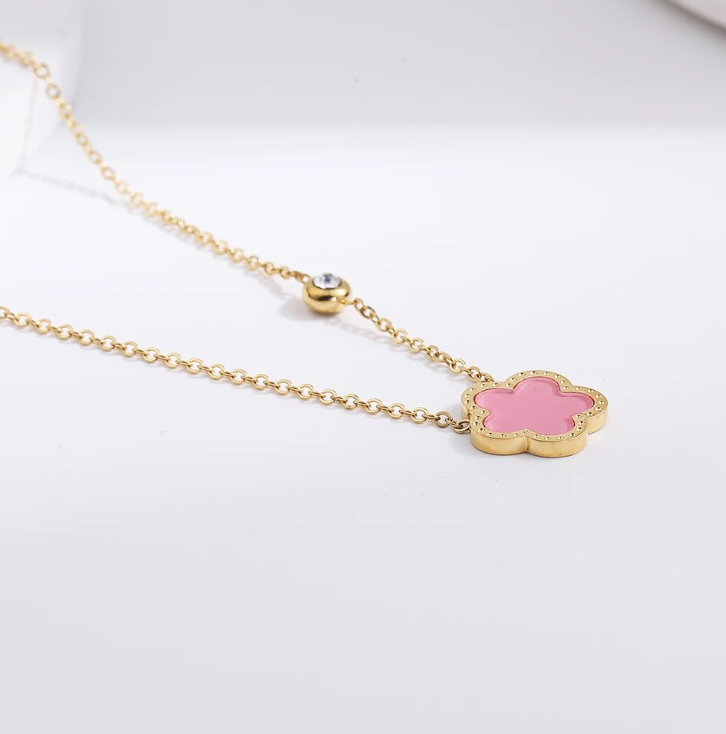 Roweena Pink Clover Necklace / Stainless Steel - Nina Kane Jewellery