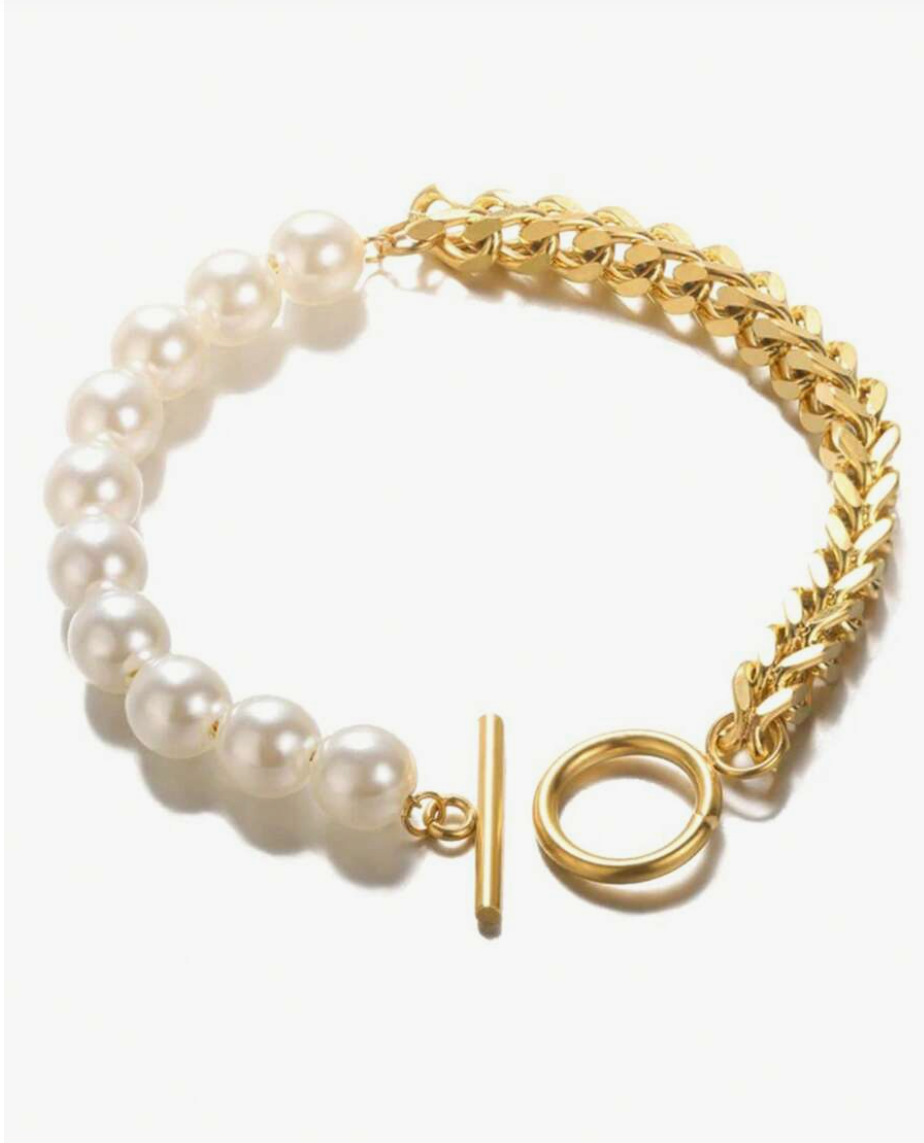 Sadie Pearl & Chain Bracelets / Stainless Steel - Nina Kane Jewellery