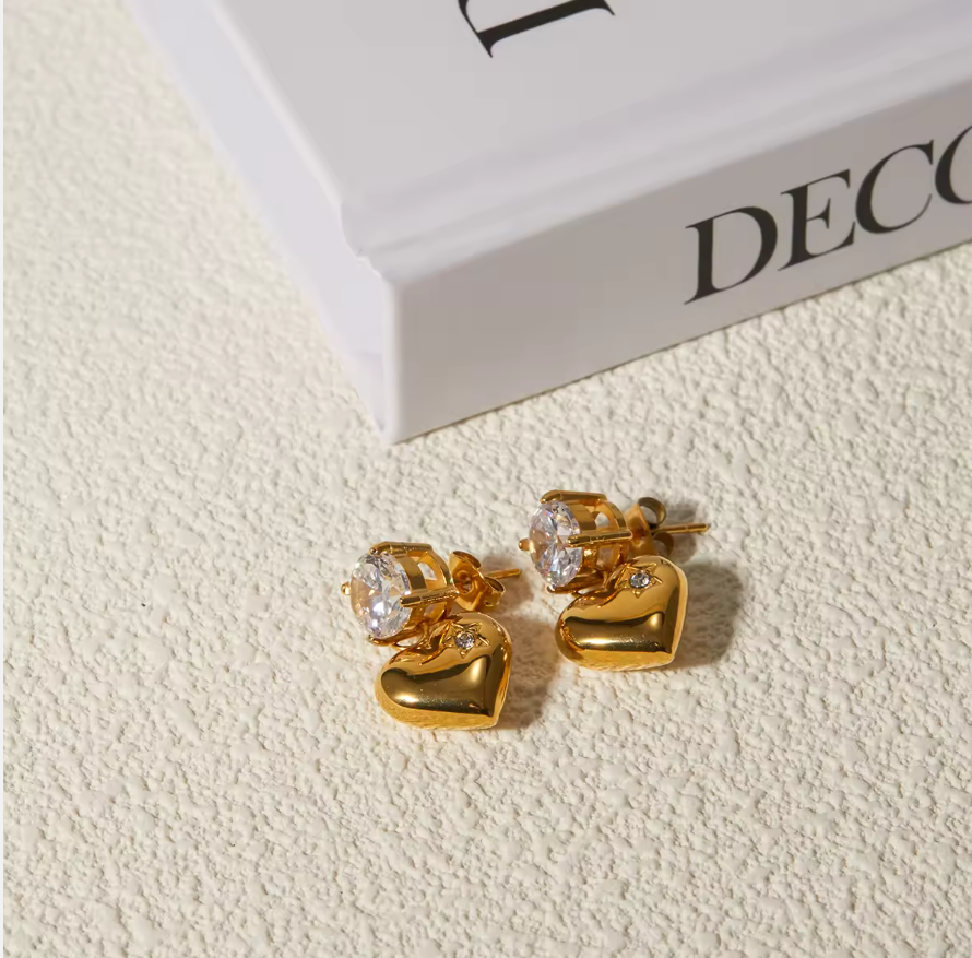 Sara Zircon Diamond Heart Earrings / 18K Gold Plated - Nina Kane Jewellery