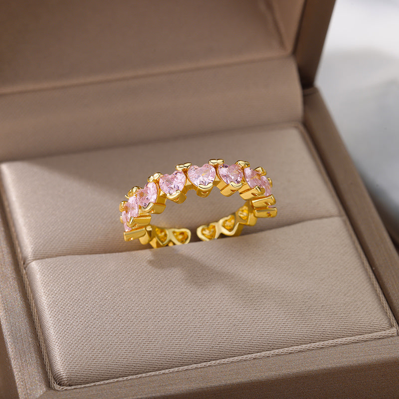 Pink Hearts Adjustable Ring / Stainless Steel