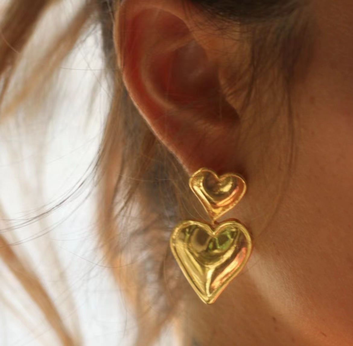 Double Heart Statement Earrings / 18K Gold Plated