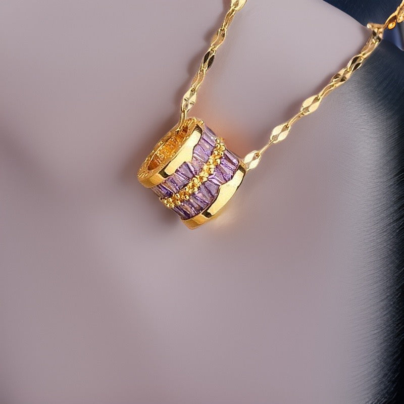 Purple Elisabeth Totem Barrel Stripe Necklace / Stainless Steel - Nina Kane Jewellery