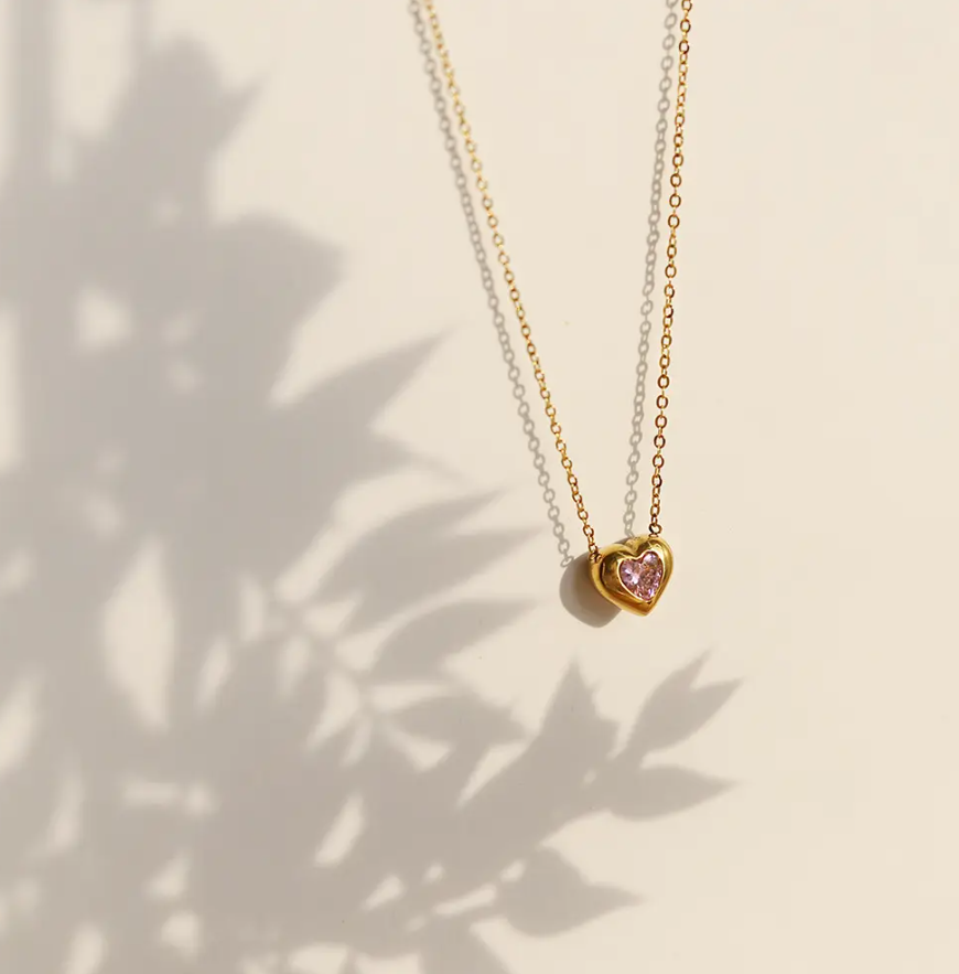 Valentina Pink Heart Necklace / 18K Gold Plated - Nina Kane Jewellery
