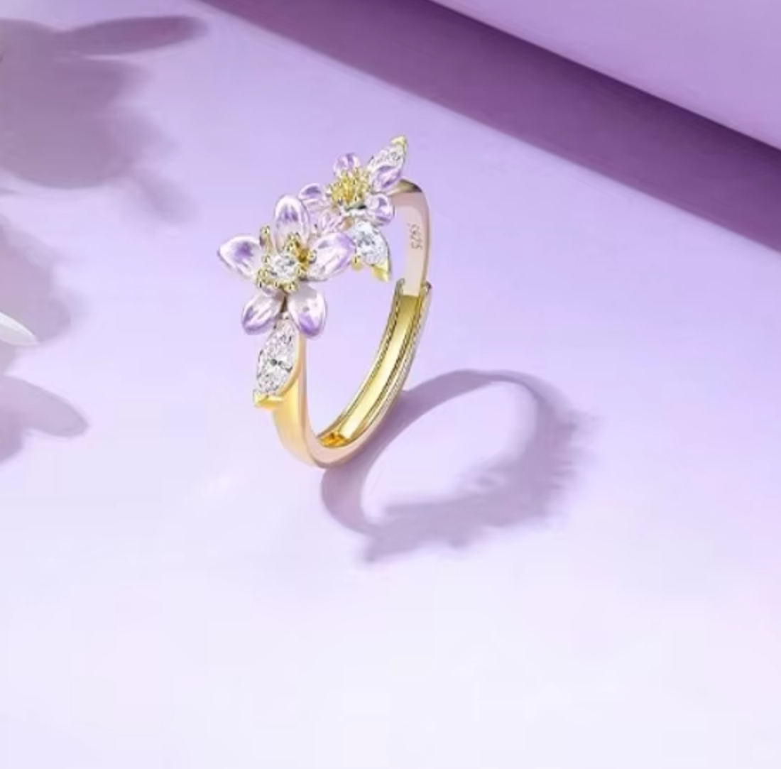 Meera Purple Crystal Flower Ring / 925 Sterling Silver - Nina Kane Jewellery
